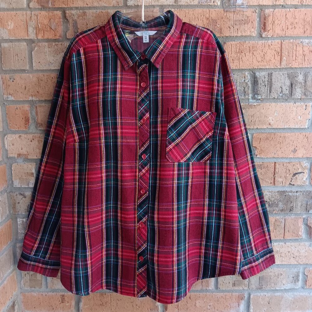 Time and Tru Womens Flannel Top Blouse Shirt Long Sleeves Red Plaid Size XXL
